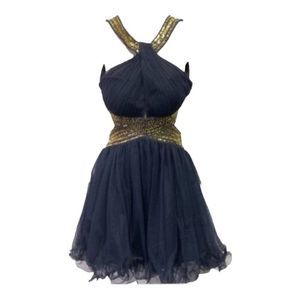 Blondie Nites Womens Fit & Flare Dress Blue Gold Chiffon Sequin Halter Jrs 7 New